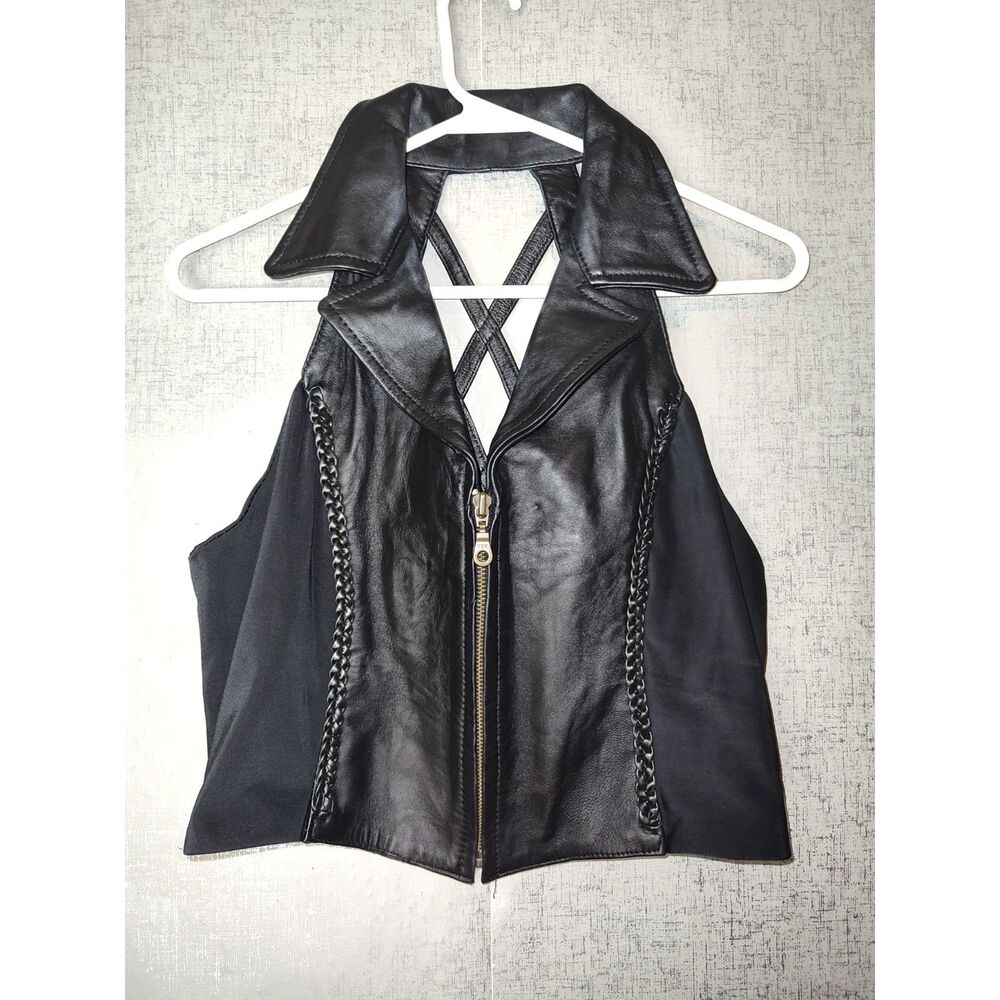Allstate Leather Y2K Black Leather Biker Vest Sz L
